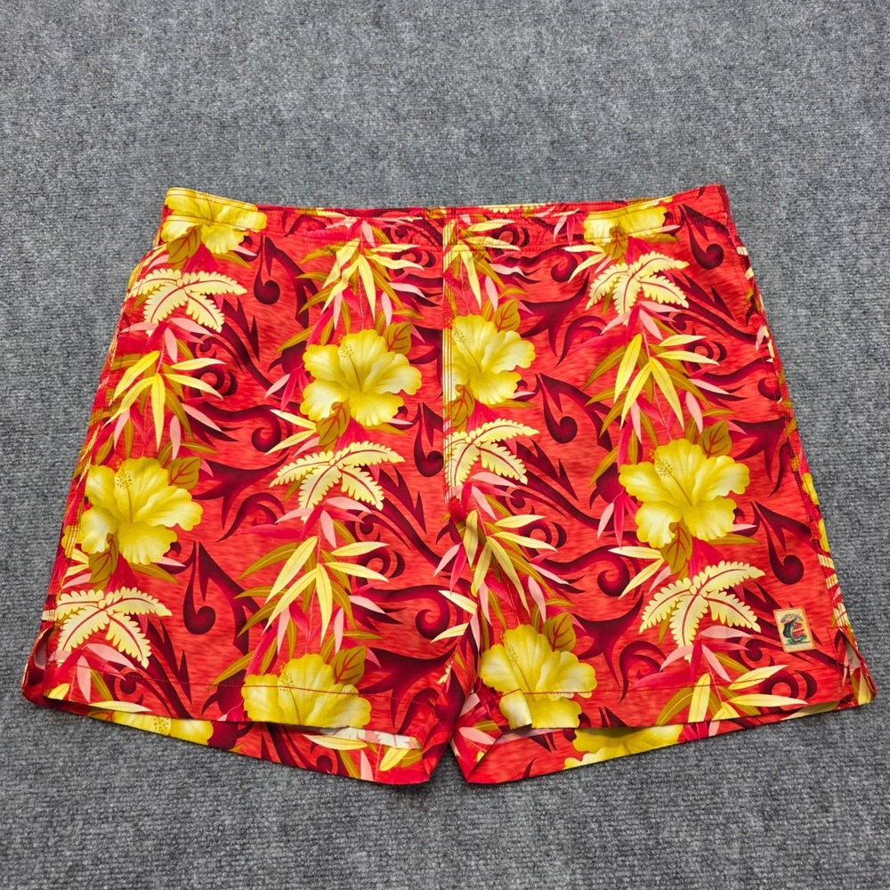 Tommy Bahama Men's Swim Trunks Large Red Tropical Hibiscus Floral Board Short 6"